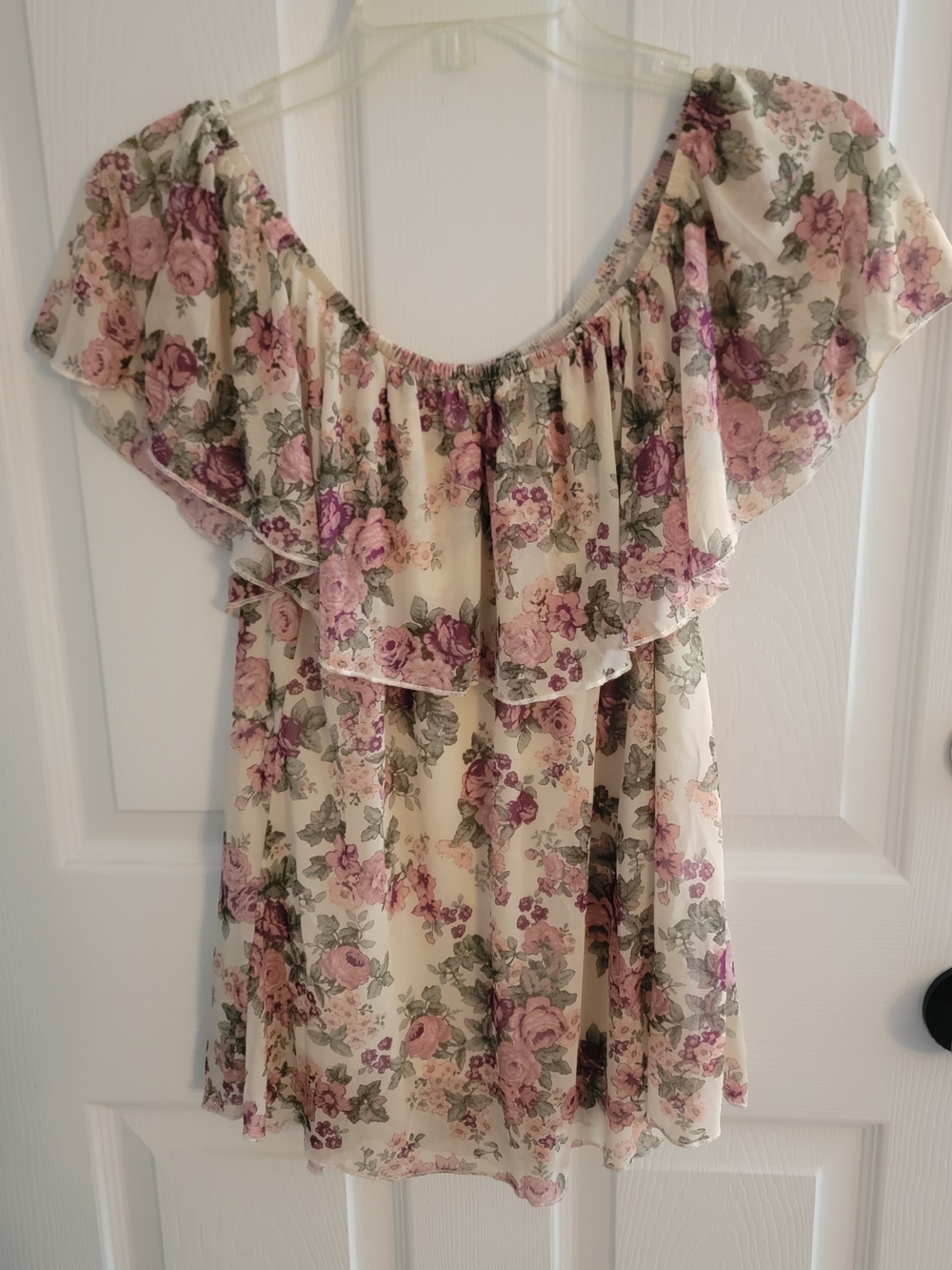 Floral Off-Shoulder Ruffle Women's Top - Cream with Pink Rose Print